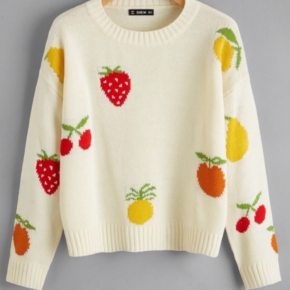 Shein Fruit Salad Cream Sweater Cherry Lemon Peach Medium